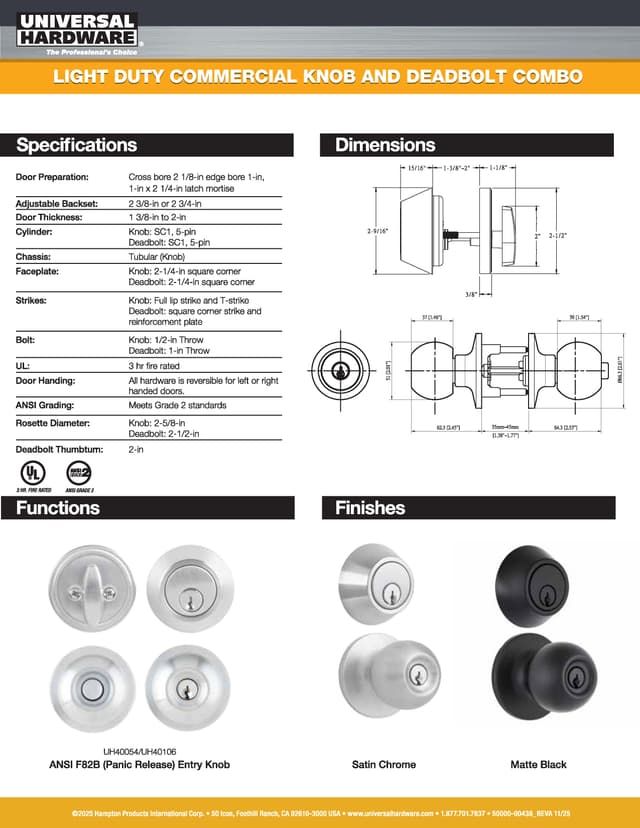Literature for Light Duty Commercial Knobs and Deadbolt Combo